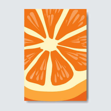 cut orange template card, slice fresh fruit poster on white background, magazine cover vertical layout brochure poster, flat design, healthy lifestyle or diet concept vector illustrationのイラスト素材