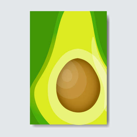cut avocado template card, slice fresh fruit poster on white background, magazine cover vertical layout brochure poster, flat design, healthy lifestyle or diet concept vector illustrationのイラスト素材