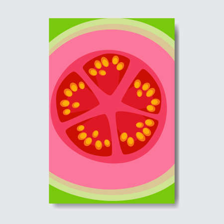 cut guava template card, slice fresh fruit poster on white background, magazine cover vertical layout brochure poster, flat design, healthy lifestyle or diet concept vector illustrationのイラスト素材
