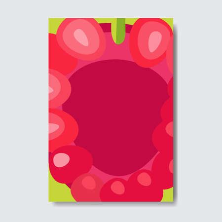 cut raspberry template card, slice fresh fruit poster on white background, magazine cover vertical layout brochure poster, flat design, healthy lifestyle or diet concept vector illustrationのイラスト素材