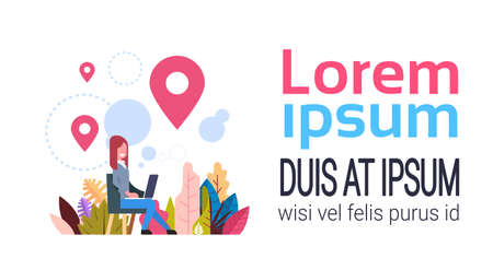 woman geolocation tag marked bubbles map pin hold laptop navigation concept background flat copy space banner vector illustrationのイラスト素材