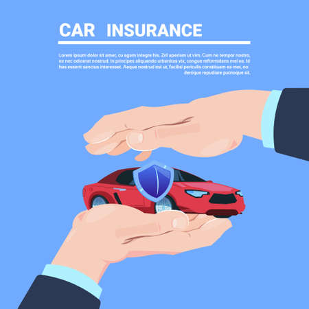 insurance service hand protective gesture car cartoon on blue background flat copy space vector illustrationのイラスト素材