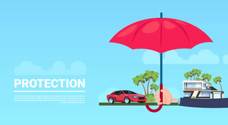 insurance service hand umbrella protective house car on blue background flat copy space banner vector illustrationのイラスト素材