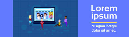 media load concept online video stream service player interface man woman watch mix race character on blue background full length banner flat copy space vector illustrationのイラスト素材