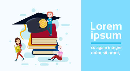 girls student cup standing stack of book hold dollar coin study character on white background full length flat copy space vector illustrationのイラスト素材