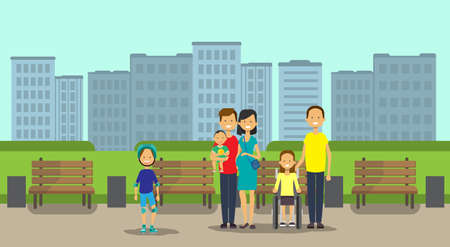 african father mother daughter wheelchair full length avatar over city park wooden bench street lamp green lawn cityscape template background flat vector illustrationのイラスト素材