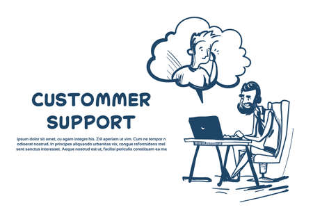 support center headset agent man client bubble online operator office deck customer and technical service icon, chat concept white background sketch copy space vector illustrationのイラスト素材