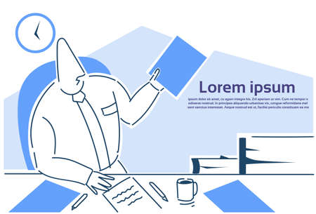 businessman hand hold paper sitting at office desk working communication concept, business man sketch white background copy space vector illustrationのイラスト素材