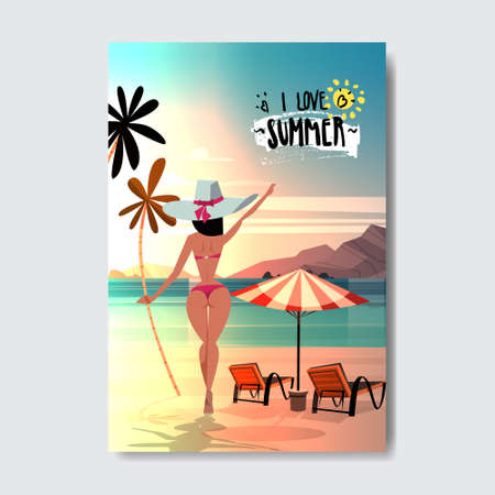 sexy woman raise hand up sun loungers and a beach umbrella booty bare rear view ass bikini summer...