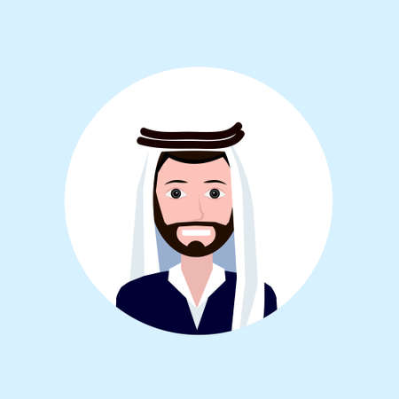 arab businessman face happy portrait on blue background, male avatar flat vector illustrationのイラスト素材