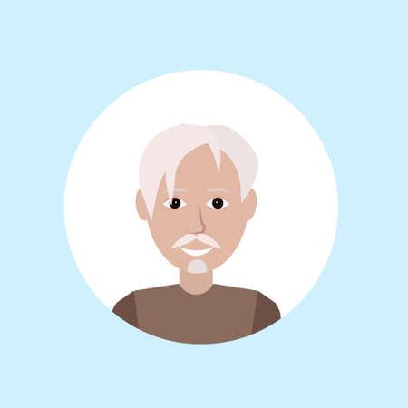 asian old man face happy portrait on blue background, male avatar flat vector illustrationのイラスト素材
