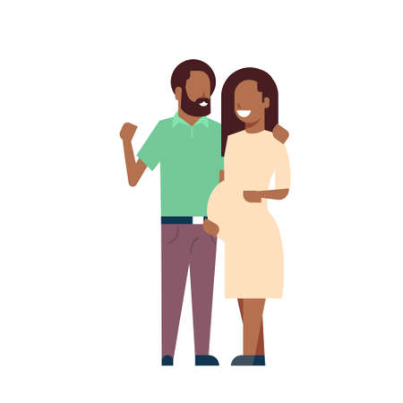 african pregnant smiling wife happy husband full length avatar on white background, successful family concept, flat cartoon vector illustrationのイラスト素材