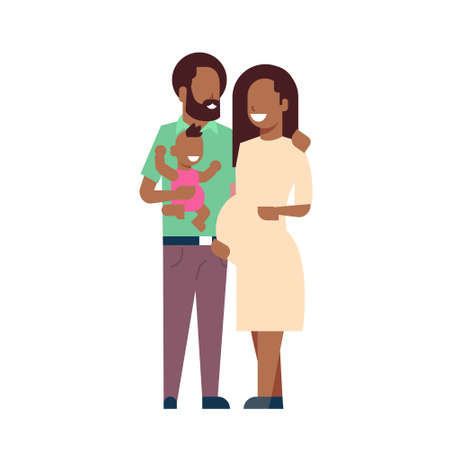 african pregnant mother father hold baby son full length avatar on white background, successful family concept, flat cartoon vector illustrationのイラスト素材