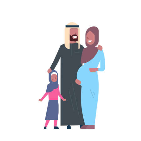 arab pregnant mother father daughter full length avatar on white background, successful family concept, flat cartoon vector illustrationのイラスト素材