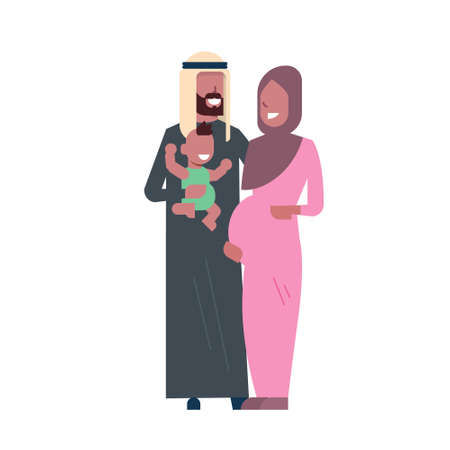 arab pregnant mother father hold baby son full length avatar on white background, successful family concept, flat cartoon vector illustrationのイラスト素材