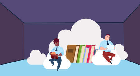 Data storage synchronization cloud center with books and staff. Computer technology, network and database, internet center, communication support, flat design vector illustrationのイラスト素材