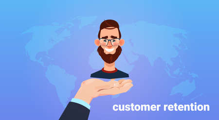 hand palm hold man client. Customer retention concept. Customer Care. Providing save customer loyalty. flat style vector illustrationのイラスト素材