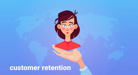 hand palm hold woman client. Customer retention concept. Customer Care. Providing save customer loyalty. flat style vector illustrationのイラスト素材