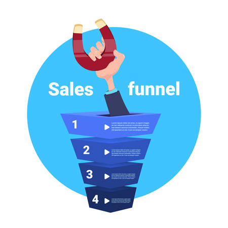 hand hold magnet sales funnel pulling. purchase diagram concept over blue background flat design vector illustrationのイラスト素材