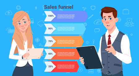 business man woman sales funnel with steps stages business infographic. purchase diagram concept over blue background copy space flat design vector illustrationのイラスト素材