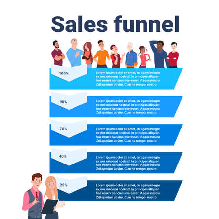 sales funnel with mix race people portrait stages business infographic. purchase diagram concept over white background copy space flat design vector illustrationのイラスト素材
