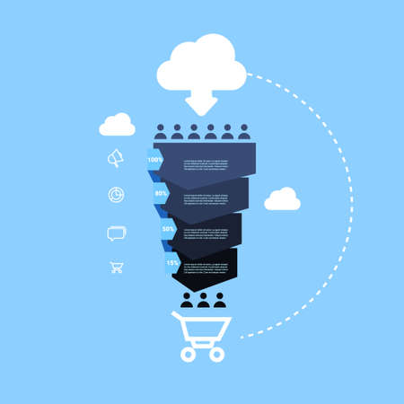 sales funnel with people icon online cloud shopping cart stages business infographic. purchase diagram concept over blue background copy space flat design vector illustrationのイラスト素材