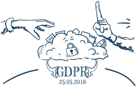 do not touch hand pointing letter cloud padlock General Data Protection Regulation GDPR server security guard over white background hand drawn vector illustrationのイラスト素材