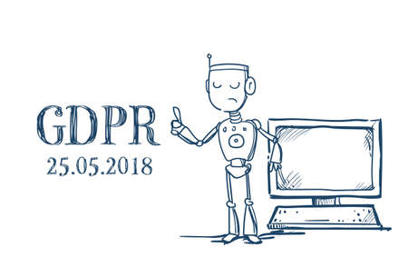 robot hold computer Artificial Intelligence General Data Protection Regulation GDPR server security guard over white background hand drawn vector illustrationのイラスト素材