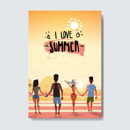 summer love people holding hands looking sunset rear view relax landscape beach badge Design Label.のイラスト素材