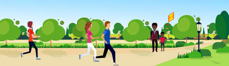 public park mix race people relax wooden bench outdoors running green lawn trees on nature template background flat banner vector illustrationのイラスト素材