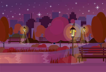night city park wooden bench street lamp river lawn trees on city buildings template background flat vector illustrationのイラスト素材