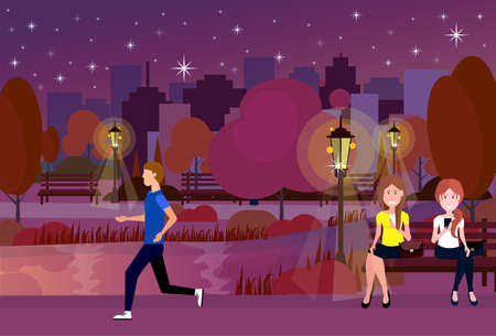 public night urban park people outdoors running sitting wooden bench street lamp on city buildings template background flat vector illustrationのイラスト素材