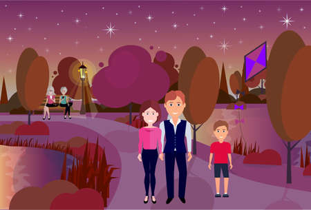 public night park boy hold kite people active rest outdoors wooden bench river lawn trees on city buildings template background flat vector illustrationのイラスト素材