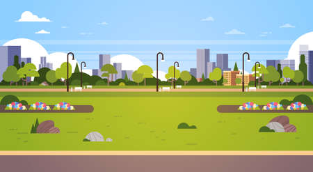 urban park outdoors city buildings street lamps cityscape concept horizontal banner flat vector illustrationのイラスト素材