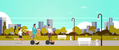 urban park outdoors activities man woman riding gyroscooter running nature city buildings street...