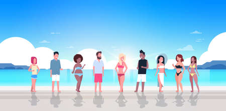 mix race people group on sunrise beach seaside vacation summer holiday horizontal flat vector...