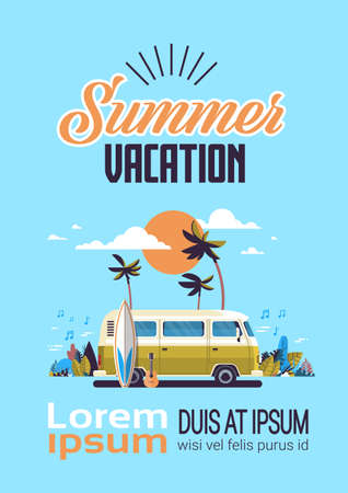 Summer vacation surf bus sunset tropical beach retro surfing vintage greeting card vertical with lettering template poster flat vector illustrationのイラスト素材
