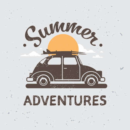 retro car adventures with luggage on roof sunset surfing vintage greeting card with lettering template poster flat vector illustrationのイラスト素材
