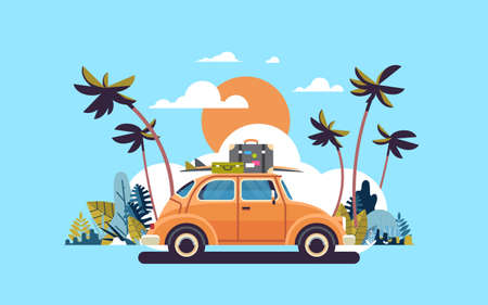 retro car with luggage on roof tropical sunset beach surfing vintage greeting card template poster flat vector illustrationのイラスト素材