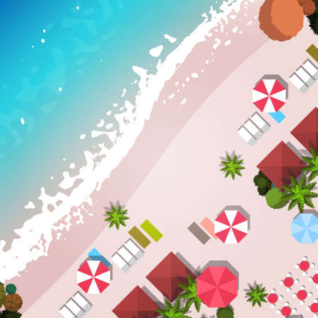 summer beach vacation top angle view sand colorful umbrella tropical beach holiday flat vector illustrationのイラスト素材