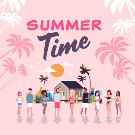 surfer summer mix race people group surf board on sunset beach villa house tropical lettering flat vector illustrationのイラスト素材