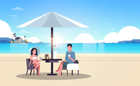 couple summer vacation man woman drink wine umbrella on sunrise beach villa house tropical island horizontal flat vector illustrationのイラスト素材