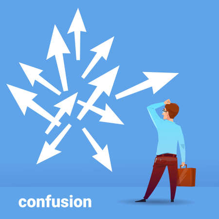 rear view businessman thinking confusion business choosing direction financial concept on blue background flat vector illustrationのイラスト素材