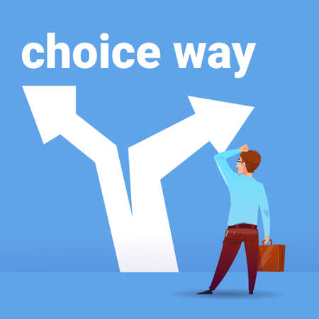 rear view businessman thinking confusion business choosing way direction financial concept on blue background flat vector illustrationのイラスト素材
