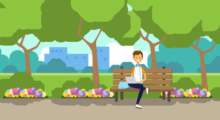 city park man holding laptop sitting wooden bench green lawn flowers trees cityscape template background flat vector illustrationのイラスト素材