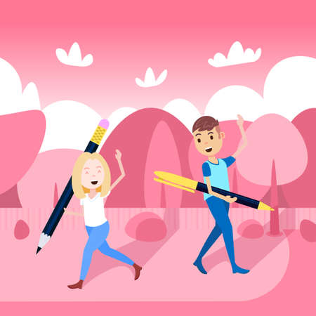 man girl character hold pencil pen template for design work and animation over pink landscape background full length flat vector illustrationのイラスト素材