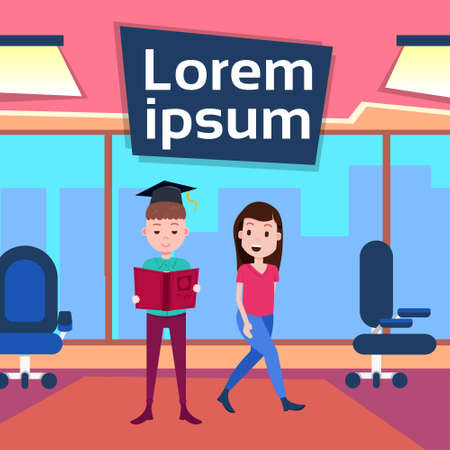 man graduate cap reading book woman couple character design work and animation office interior full length copy space flat vector illustrationのイラスト素材