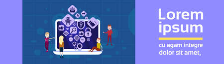 laptop man woman team working network applications icons social media networking concept for design work and animation banner flat vector illustrationのイラスト素材