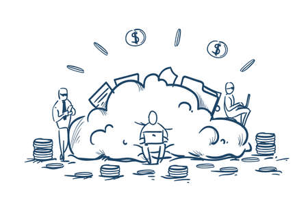 Cloud data storage businesspeople working internet business service concept money dollar coin stack over white background sketch doodle vector illustrationのイラスト素材