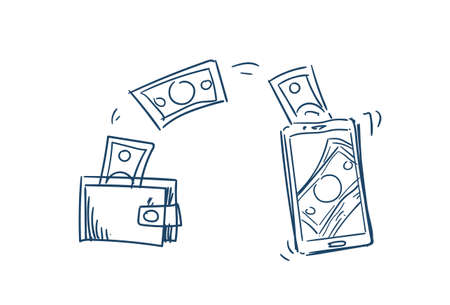 mobile wallet money transaction online bills payment application concept on white background sketch doodle vector illustrationのイラスト素材